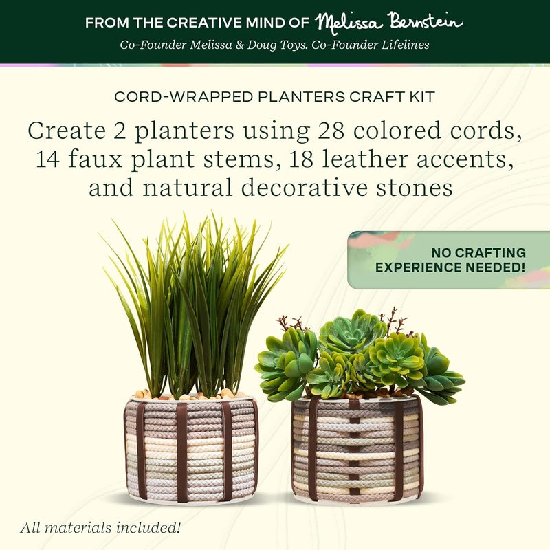 LifeLines FlowCrafts, Cord-Wrapped Planters - Create 2 Unique Planters with Cords in Multi-Colors, Leather Accents, Faux Plant Stems & Decorative Stones - Sensory Arts & Crafts Kit for Teens & Adults - Image 2